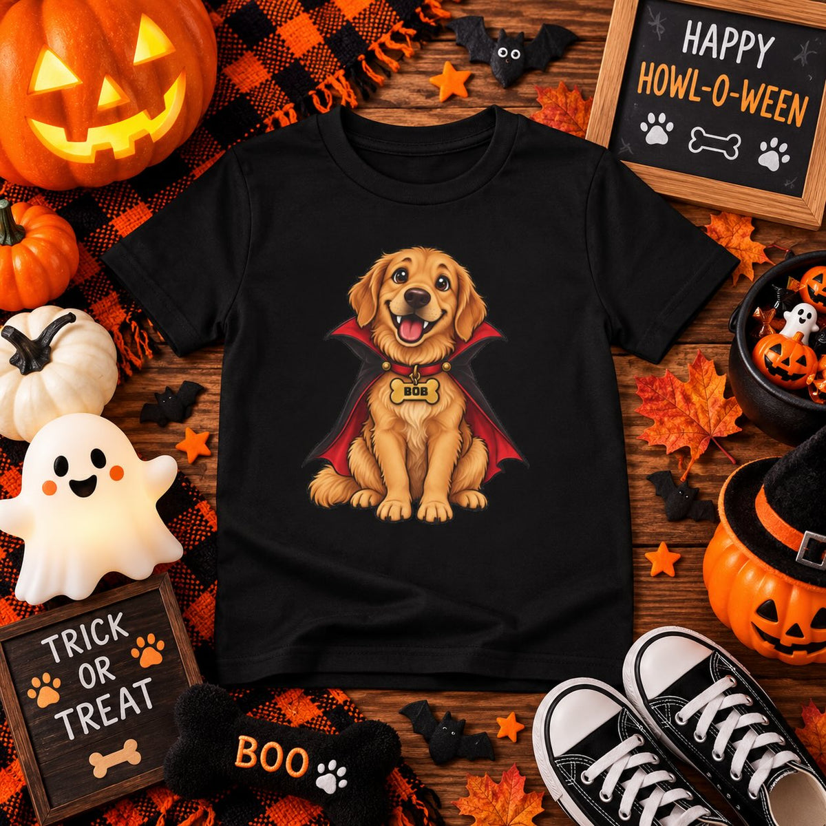 Personalized vampire puppy Halloween kids t-shirt, close-up of fabric texture