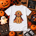 Girl wearing personalized vampire puppy Halloween t-shirt