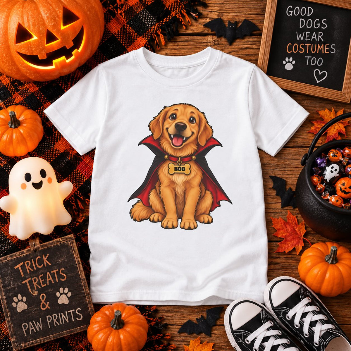 Girl wearing personalized vampire puppy Halloween t-shirt