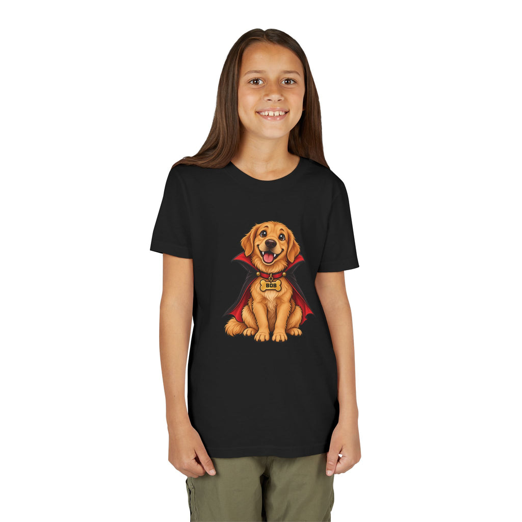 Personalized vampire puppy Halloween kids t-shirt in white colorway