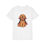 Personalized vampire puppy Halloween kids t-shirt with custom dog name tag, front flat lay