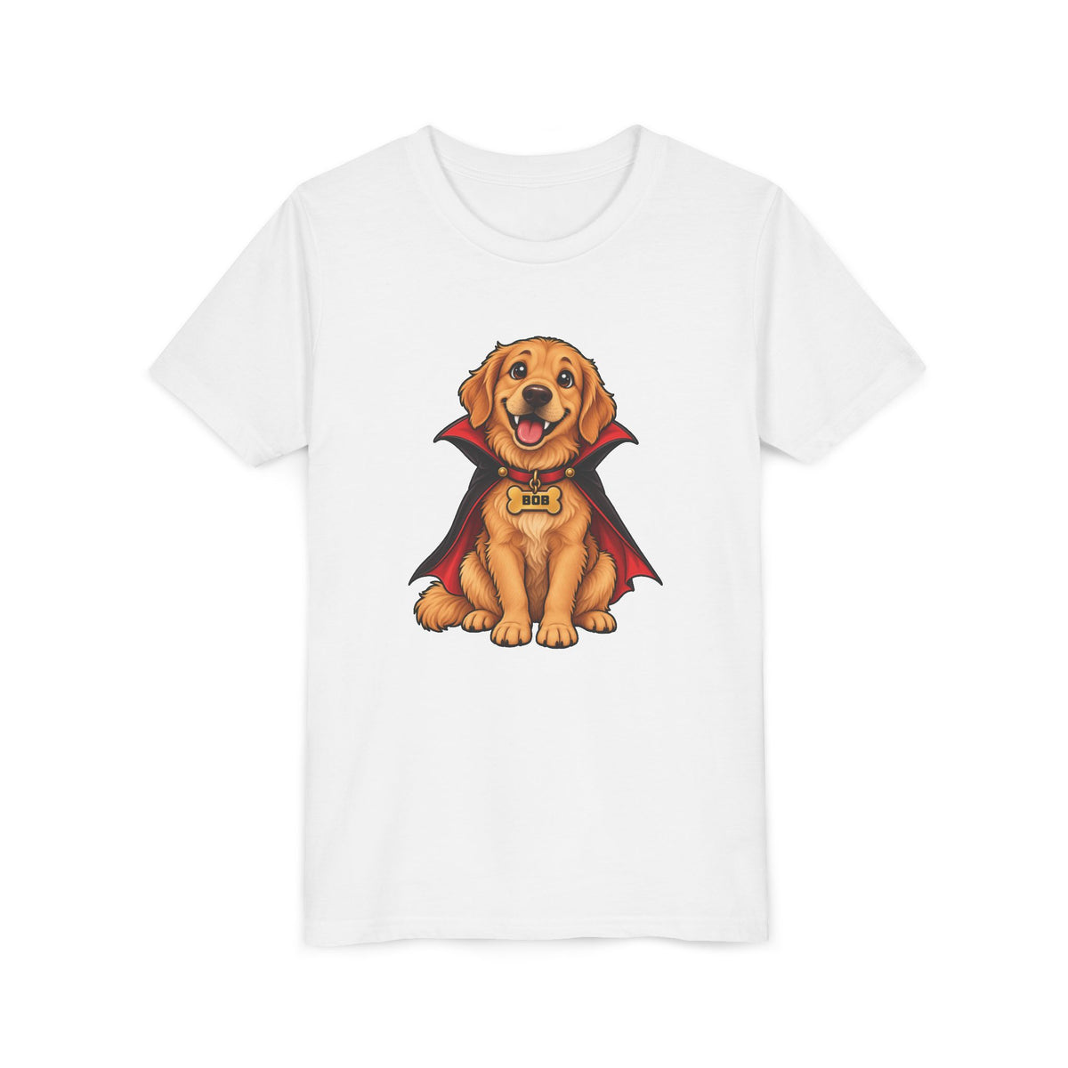 Personalized vampire puppy Halloween kids t-shirt with custom dog name tag, front flat lay