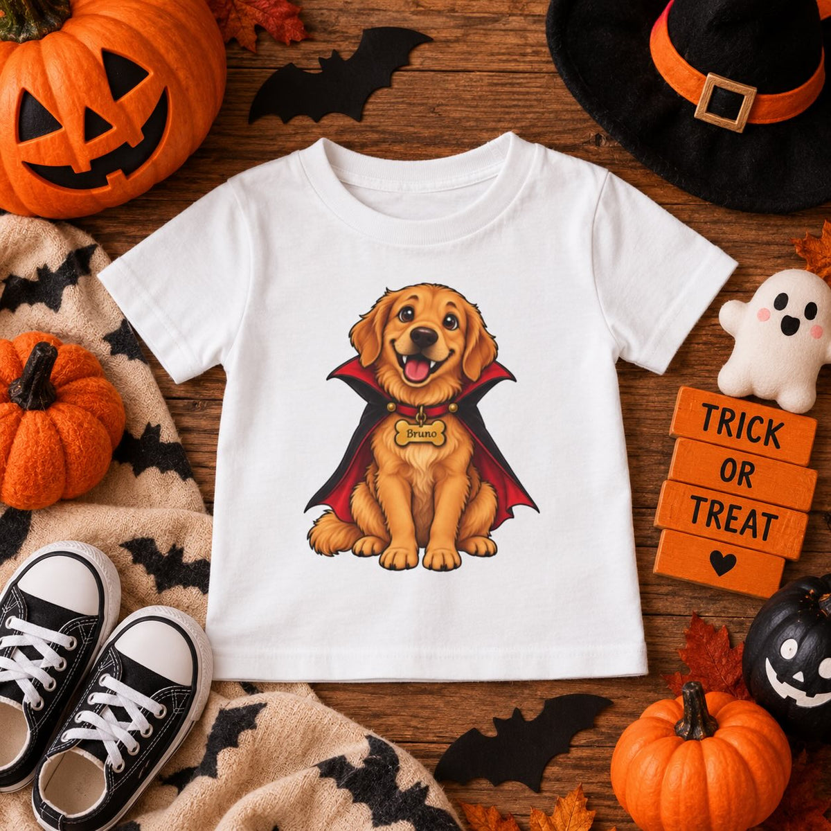 Toddler boy wearing personalized vampire puppy Halloween t-shirt