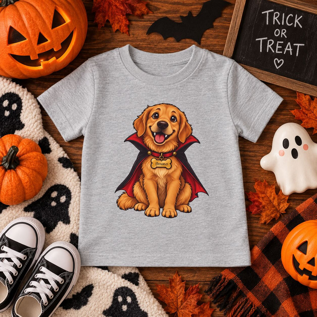 Toddler wearing personalized vampire puppy Halloween t-shirt with their dog