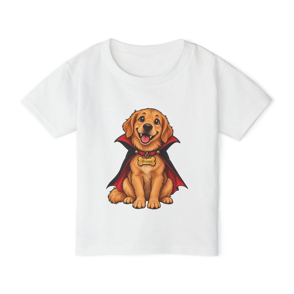 Personalized vampire puppy Halloween toddler t-shirt with custom dog name tag, front flat lay
