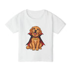 Personalized vampire puppy Halloween toddler t-shirt with custom dog name tag, front flat lay