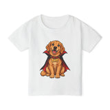 Personalized vampire puppy Halloween toddler t-shirt with custom dog name tag, front flat lay