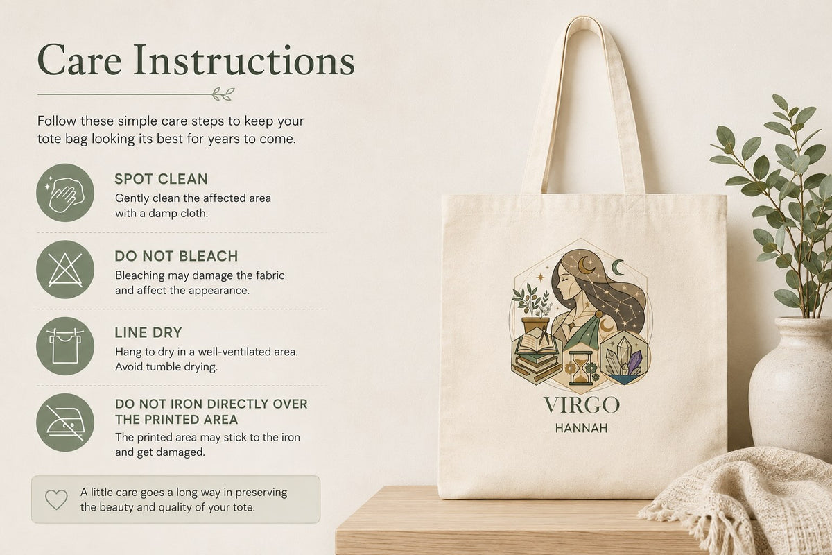 Model wearing the personalized Virgo zodiac tote bag over the shoulder, front view