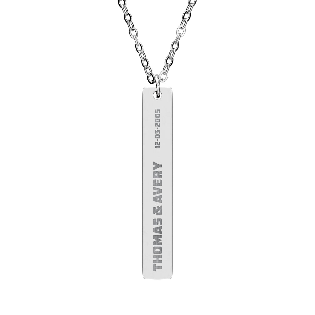 Personalised polished vertical bar necklace with couple names and date, main view