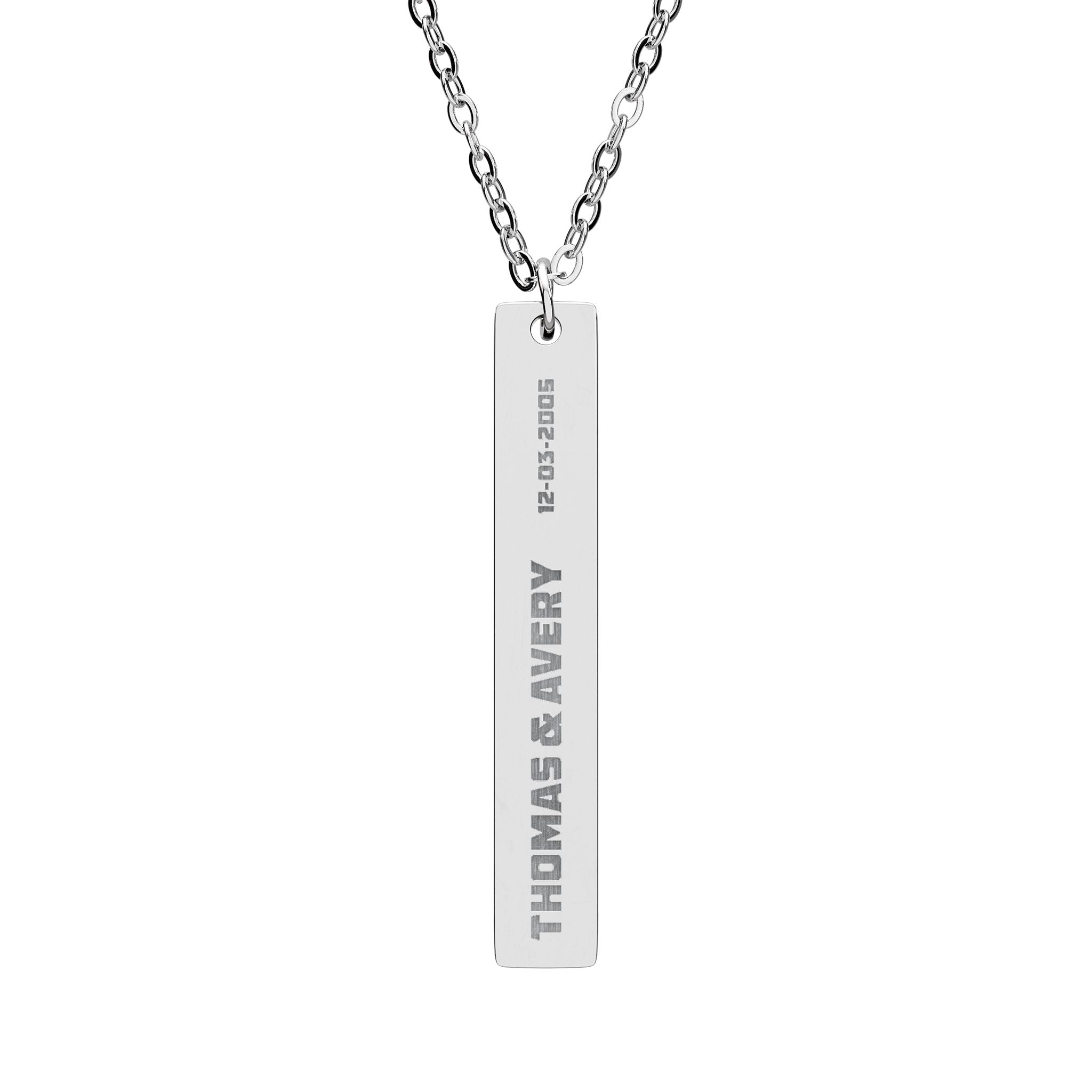 Personalised polished vertical bar necklace with couple names and date, main view