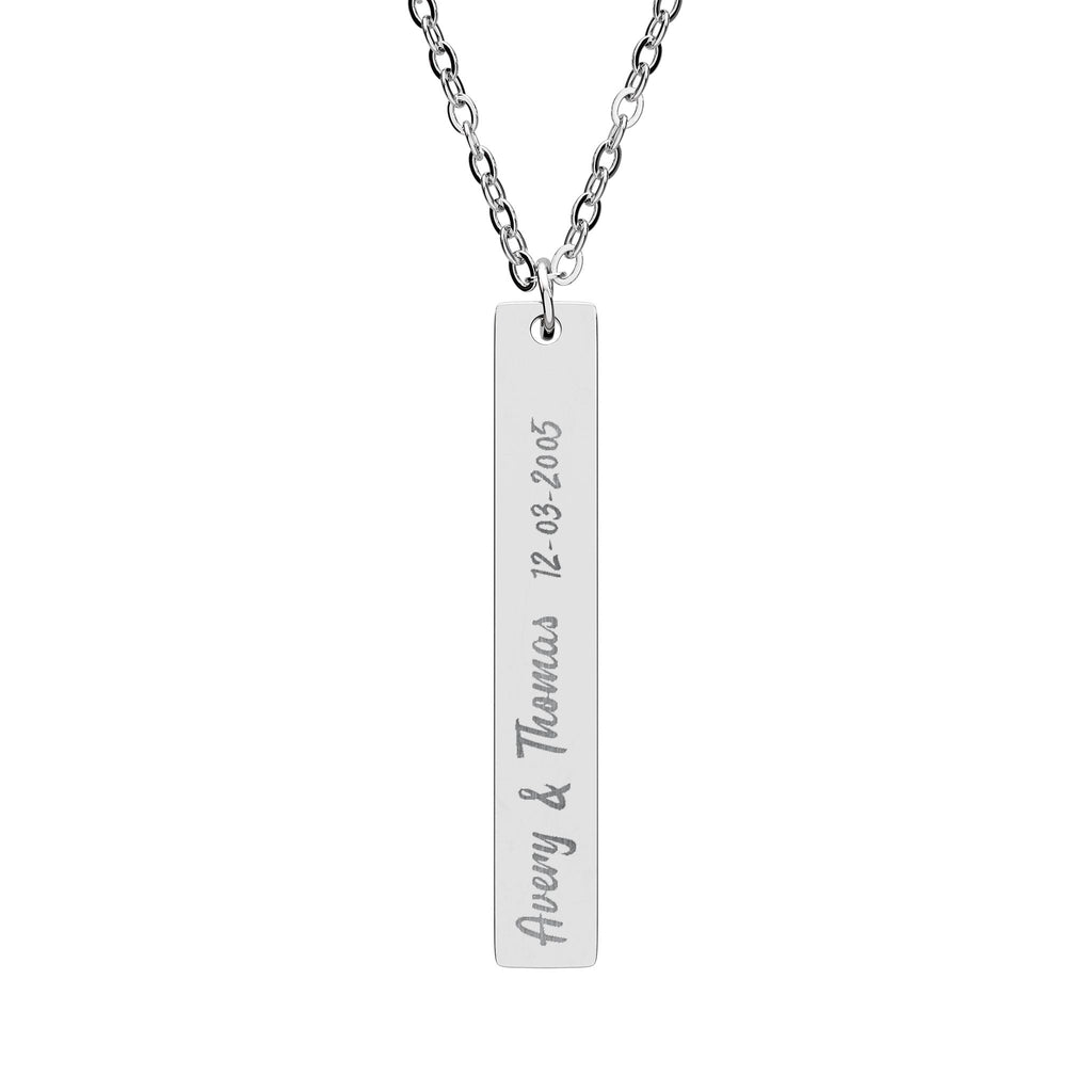 Personalised polished vertical bar necklace with script font couple names, main view