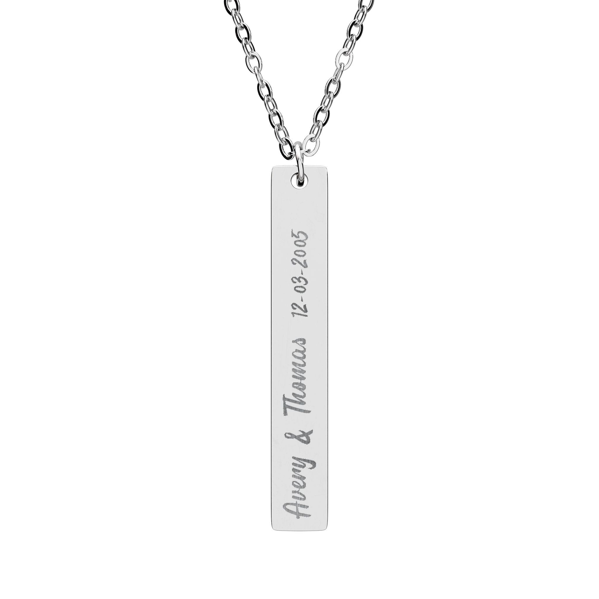 Personalised polished vertical bar necklace with script font couple names, main view