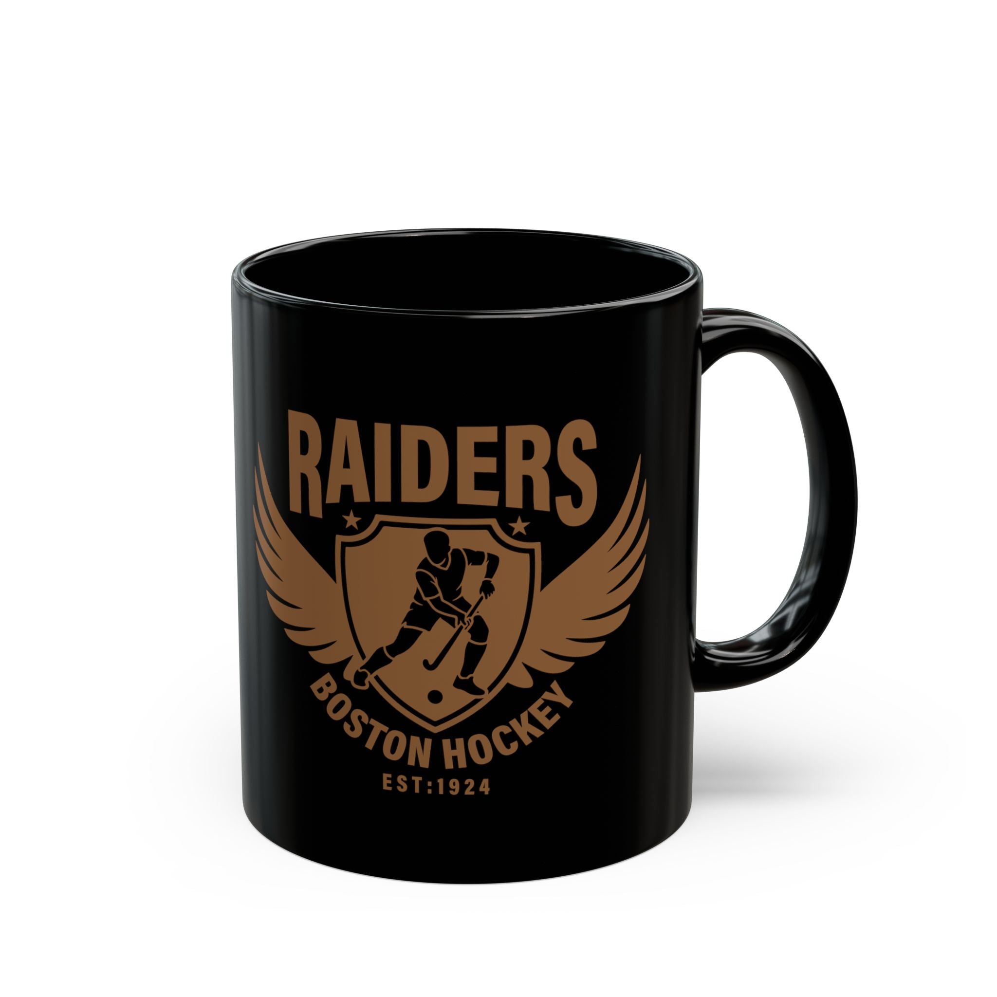 Raiders Boston Hockey black mug gold crest EST 1924 design - front view