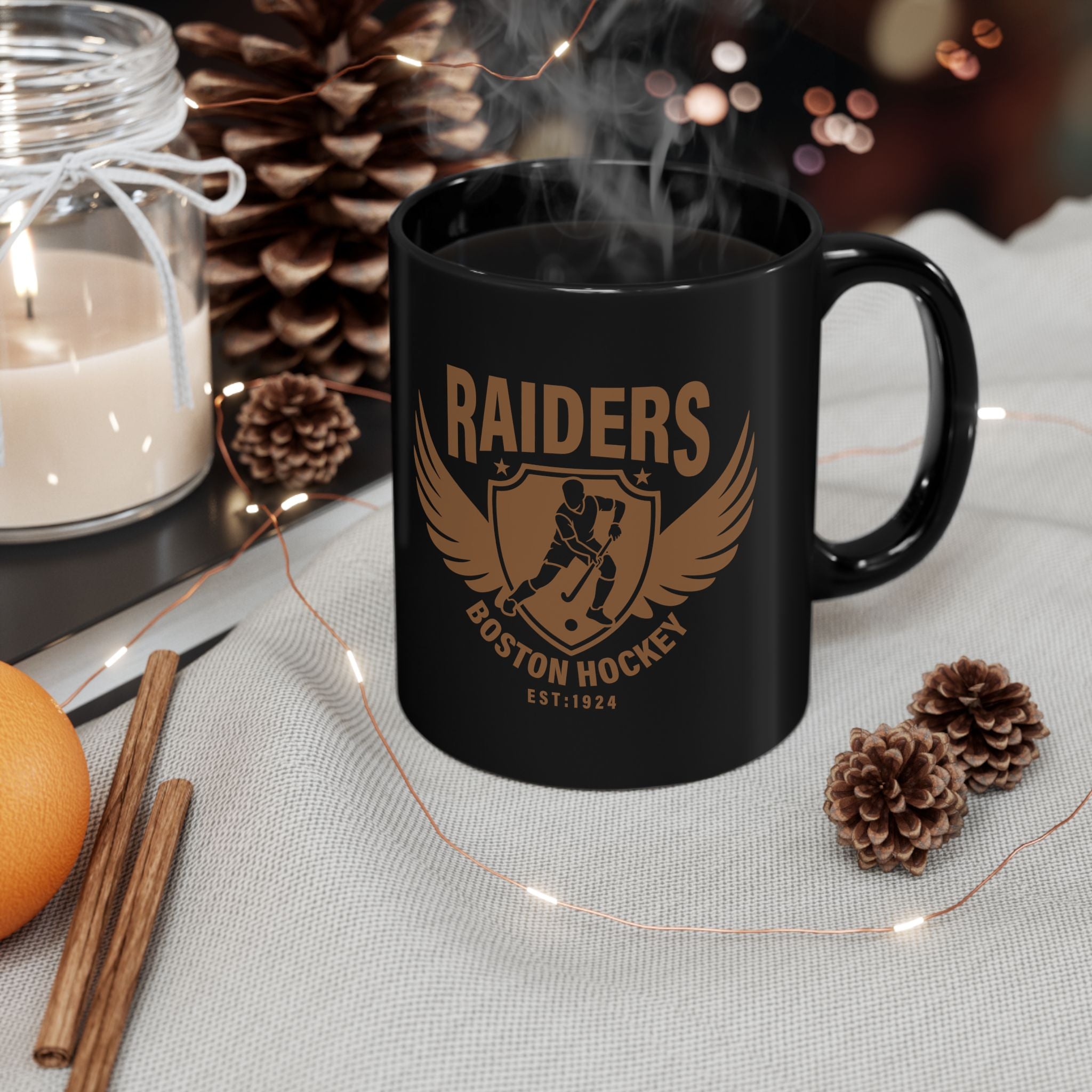 Raiders Boston Hockey black mug - cosy lifestyle photo