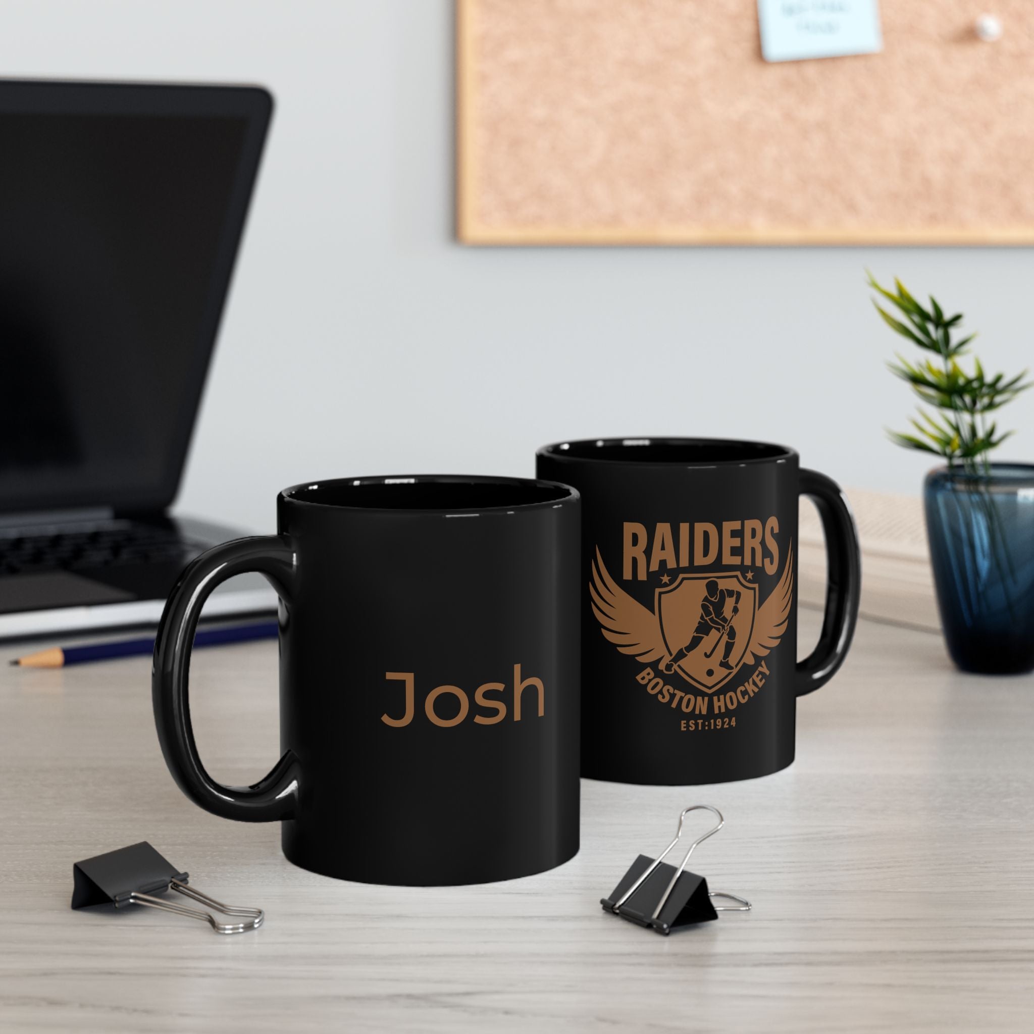 Raiders Boston Hockey custom name black mug on desk - lifestyle