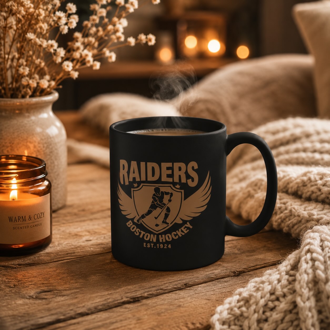 Raiders Boston Hockey black mug styled with warm candlelight, dried flowers, and cozy knit blanket