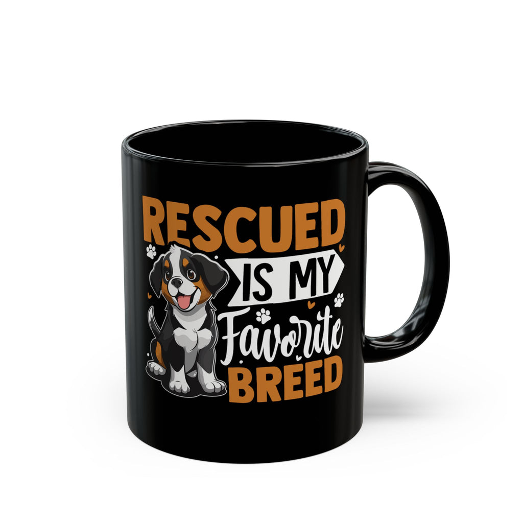 Rescued is My Favourite Breed black mug with custom name - colourful quote and rescue dog illustration