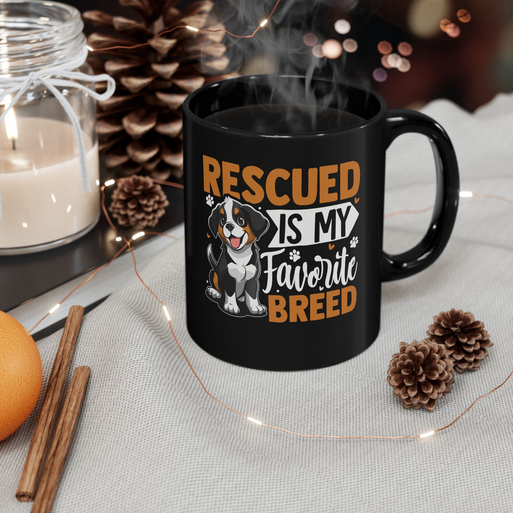 Rescue dog custom name black mug in cosy setting - lifestyle photo