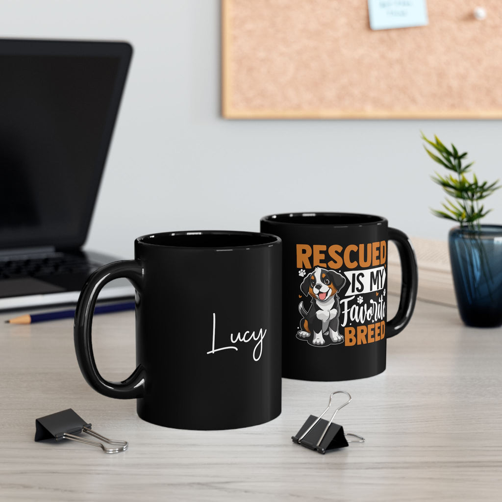 Personalised Rescued is My Favourite Breed black mug on desk - lifestyle photo