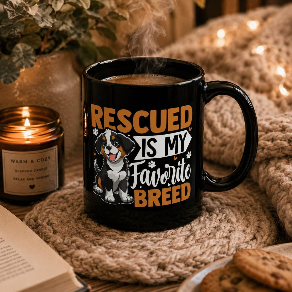 Rescued is My Favourite Breed black mug styled with candle, cozy knit blanket, and cookies