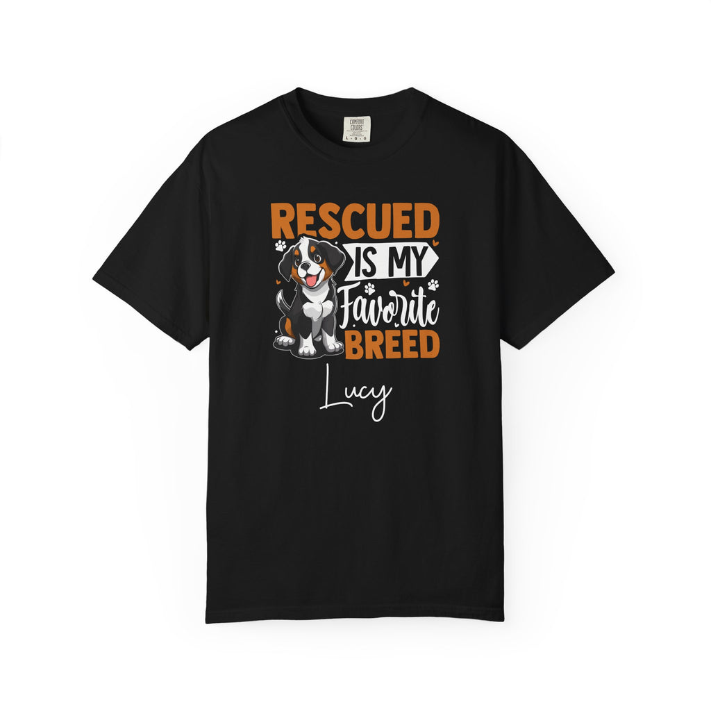 Personalised Rescued is my Favourite Breed T-shirt with custom dog name - front view
