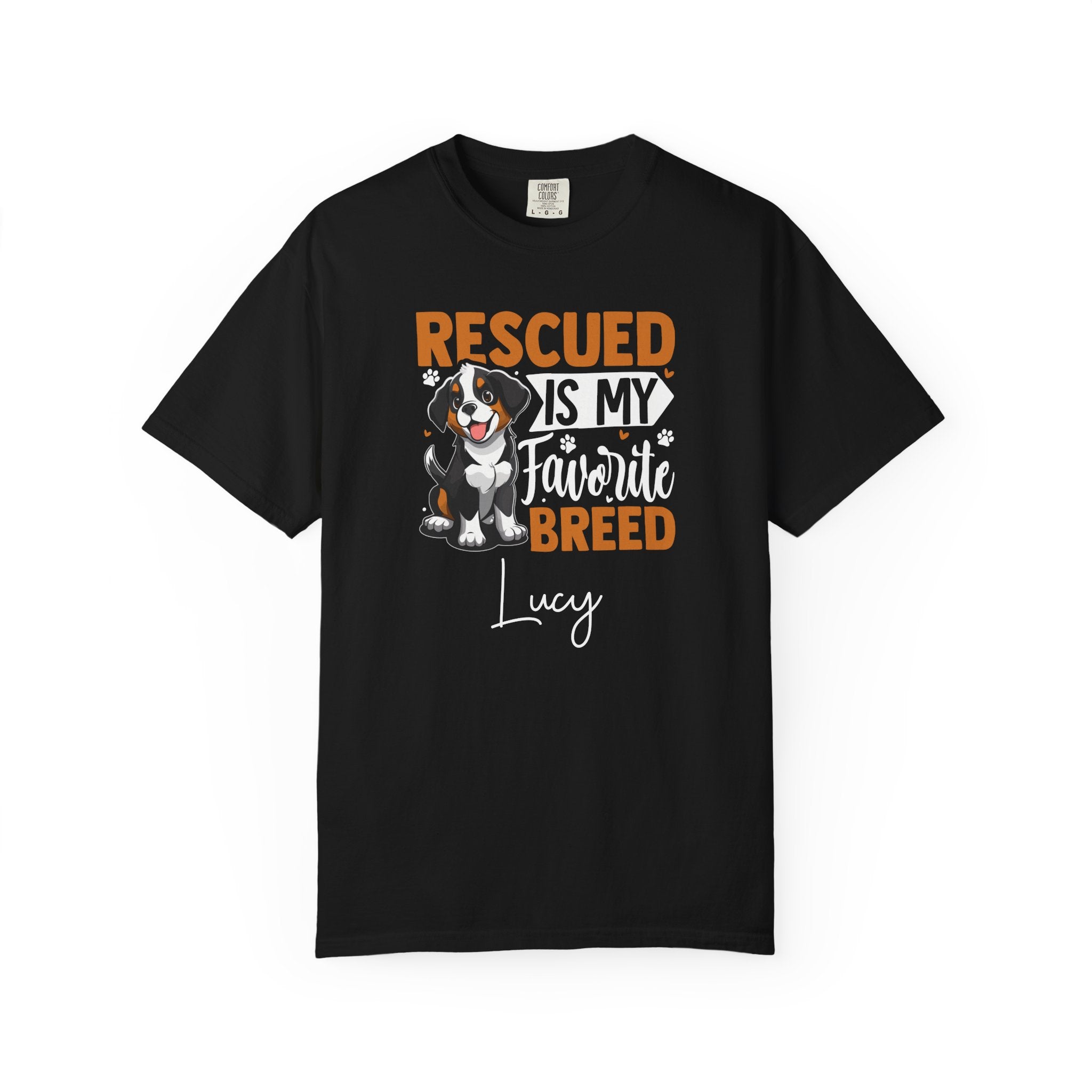 Personalised Rescued is my Favourite Breed T-shirt with custom dog name - front view