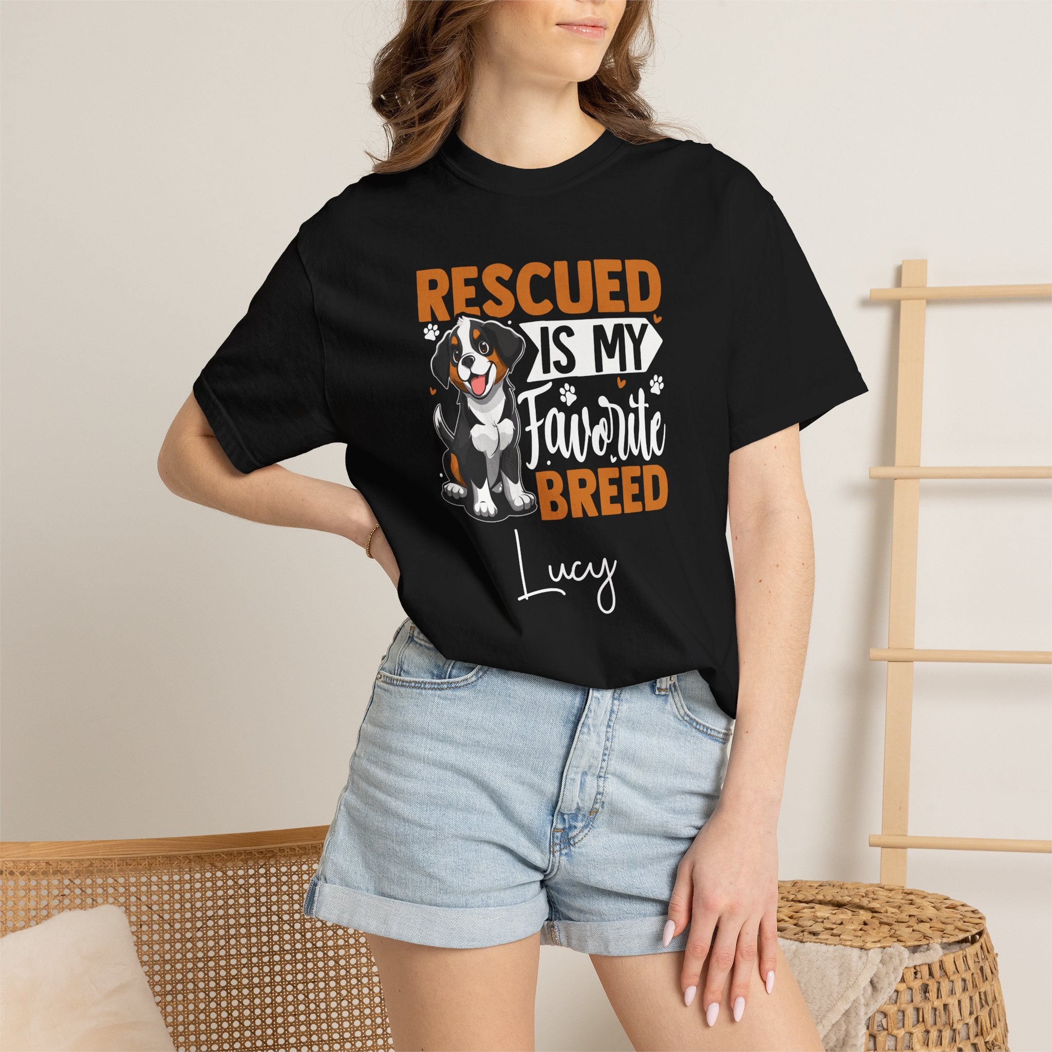 Man wearing Rescued is my Favourite Breed custom name tee - lifestyle
