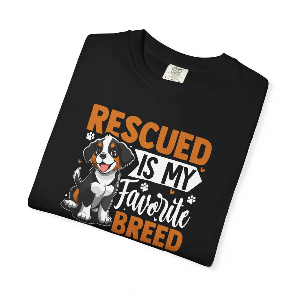Woman wearing personalised rescue dog T-shirt - lifestyle photo