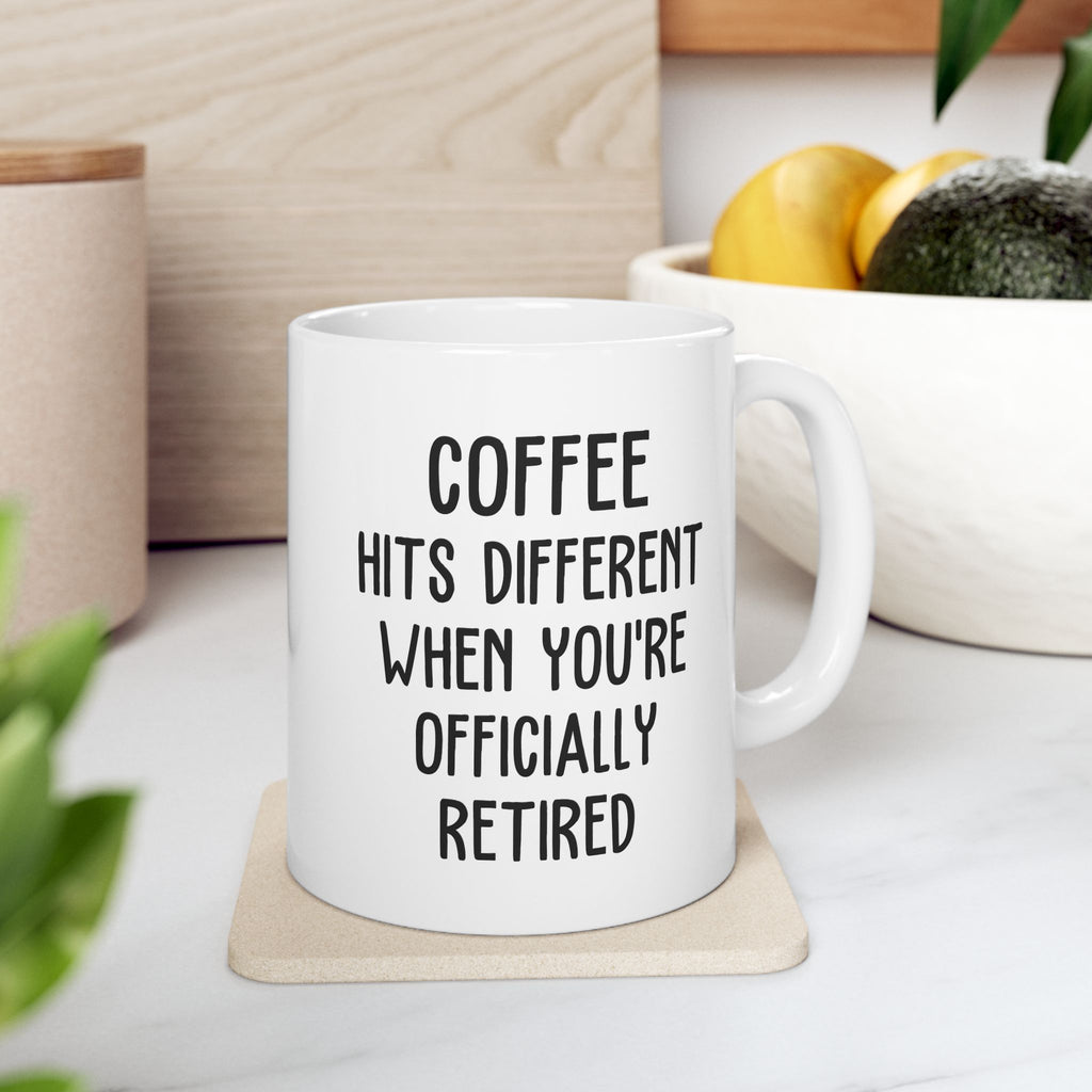 Retirement mug styled in a home or office setting
