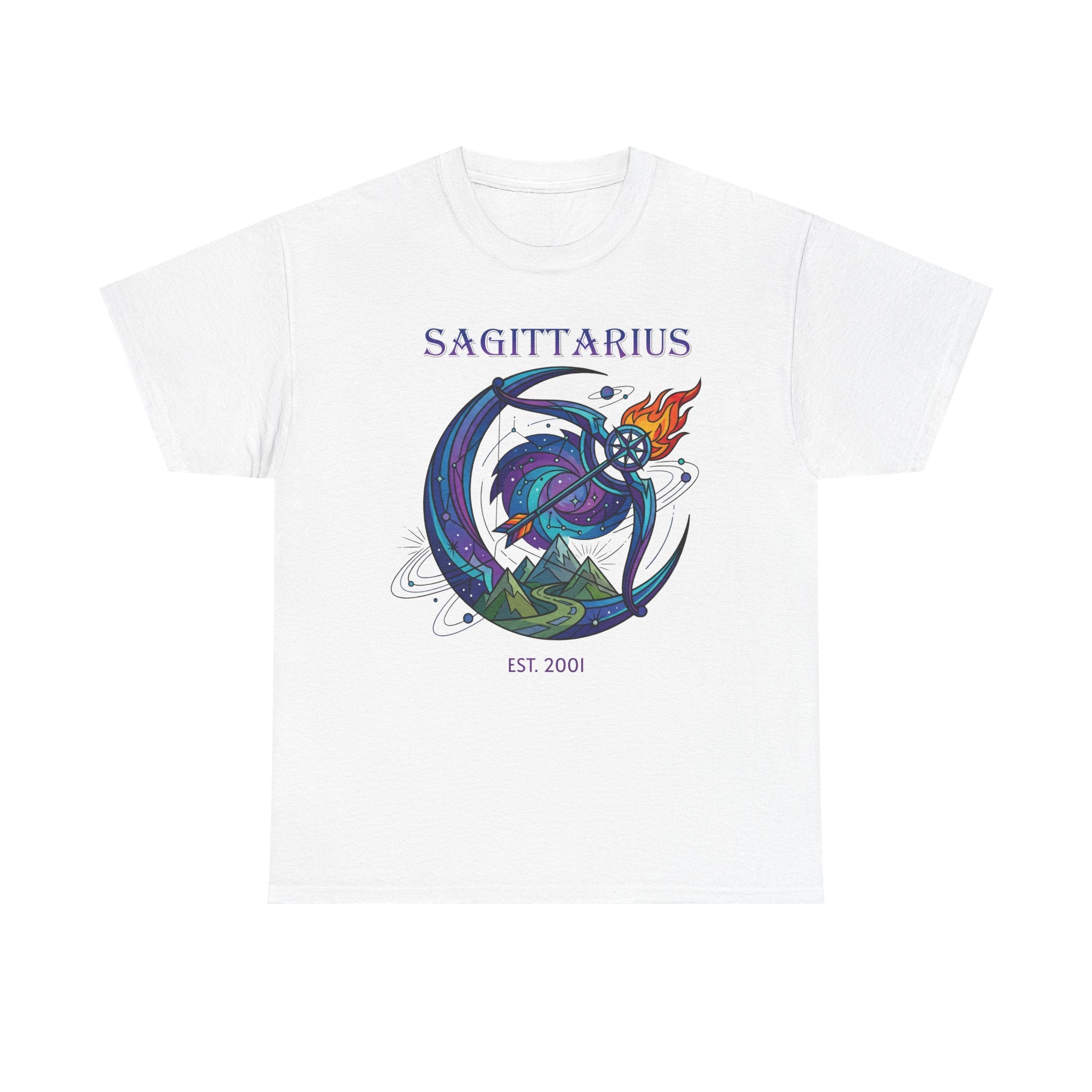 Personalized Sagittarius zodiac t-shirt with custom EST. year - main front design