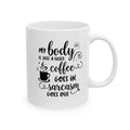 Funny coffee mug with custom name - Coffee Goes in Sarcasm Goes Out bold quote design front view