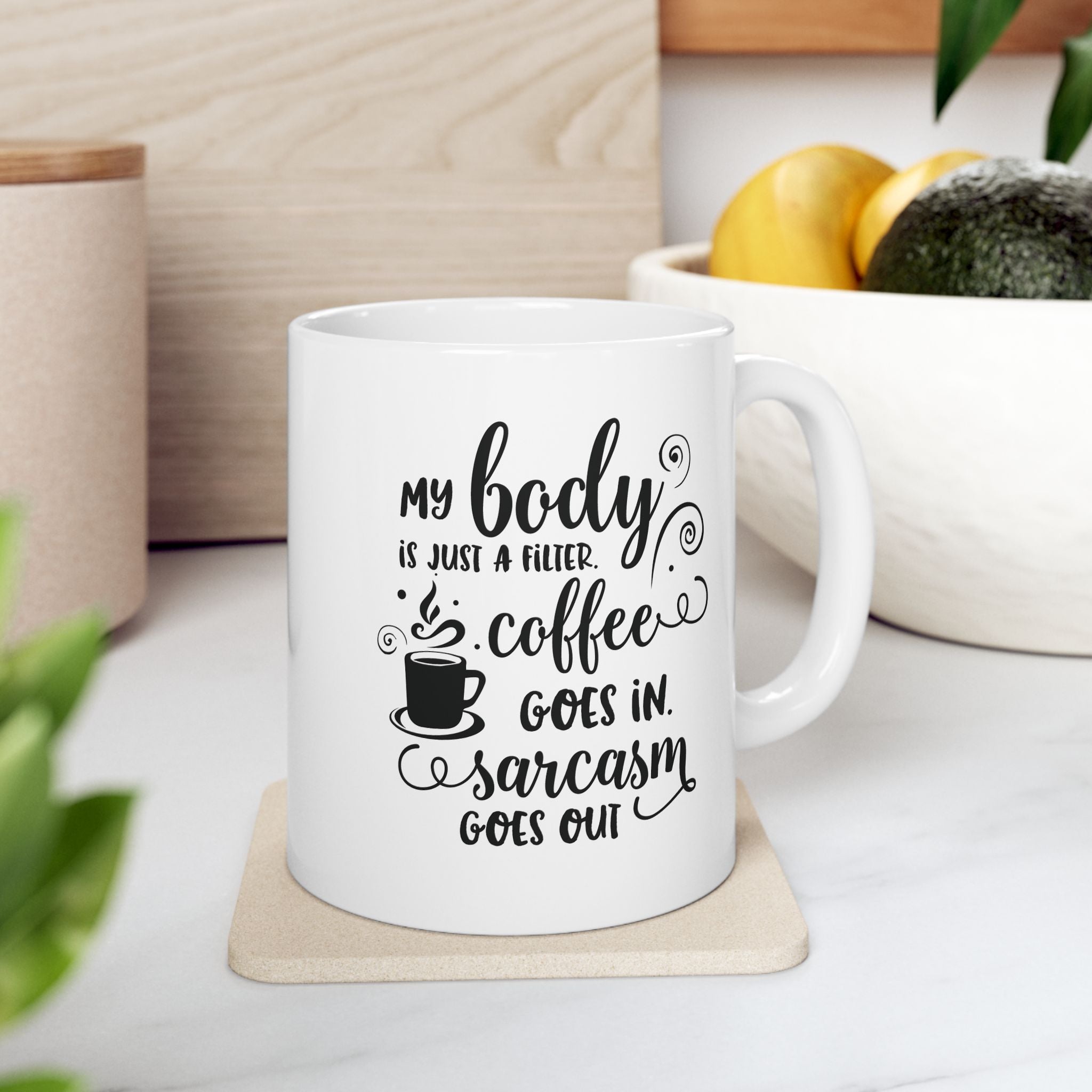 Sarcasm mug with custom name in cosy setting - lifestyle photo
