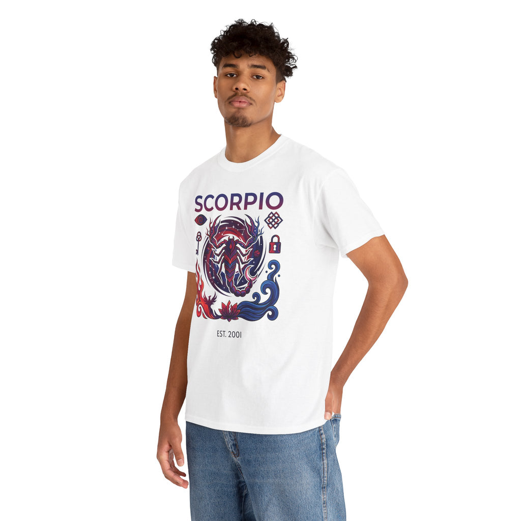 Model wearing personalized Scorpio zodiac t-shirt, front view