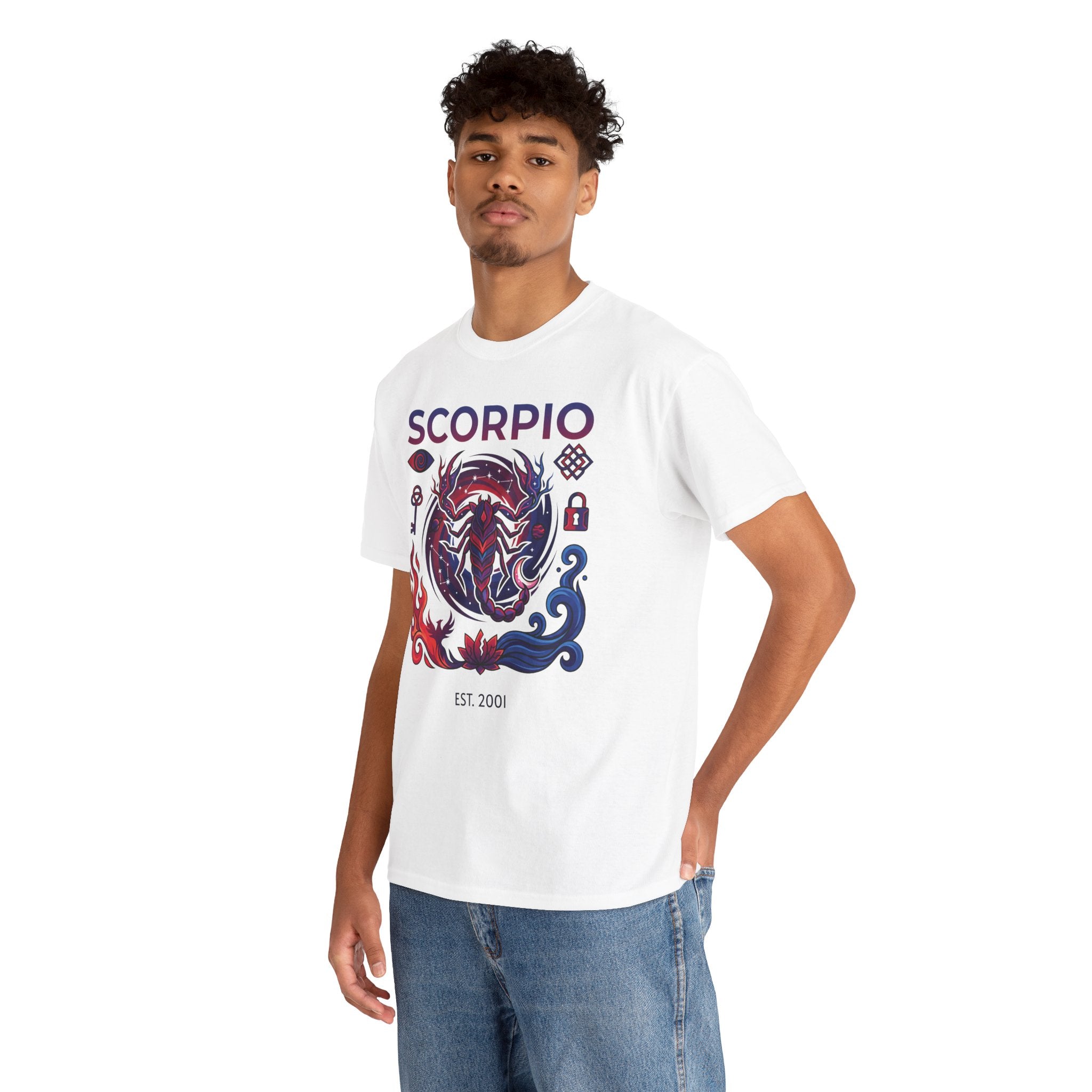 Model wearing personalized Scorpio zodiac t-shirt, front view
