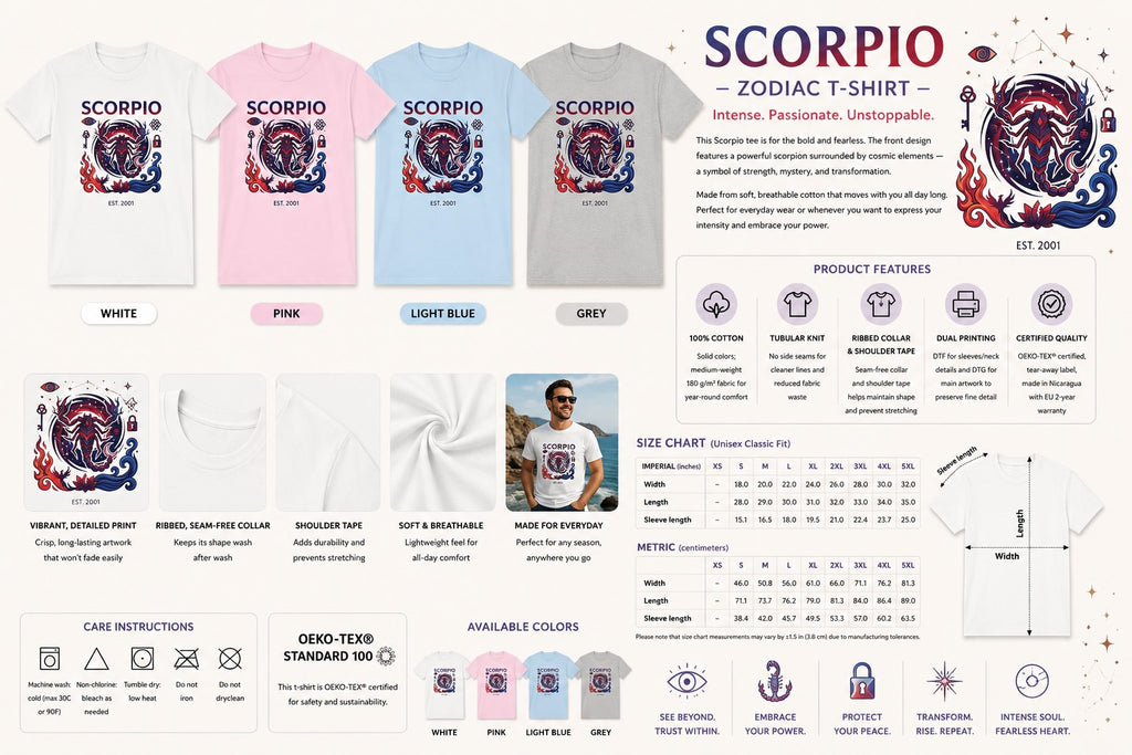 Close-up of personalized EST. year text on Scorpio zodiac tee