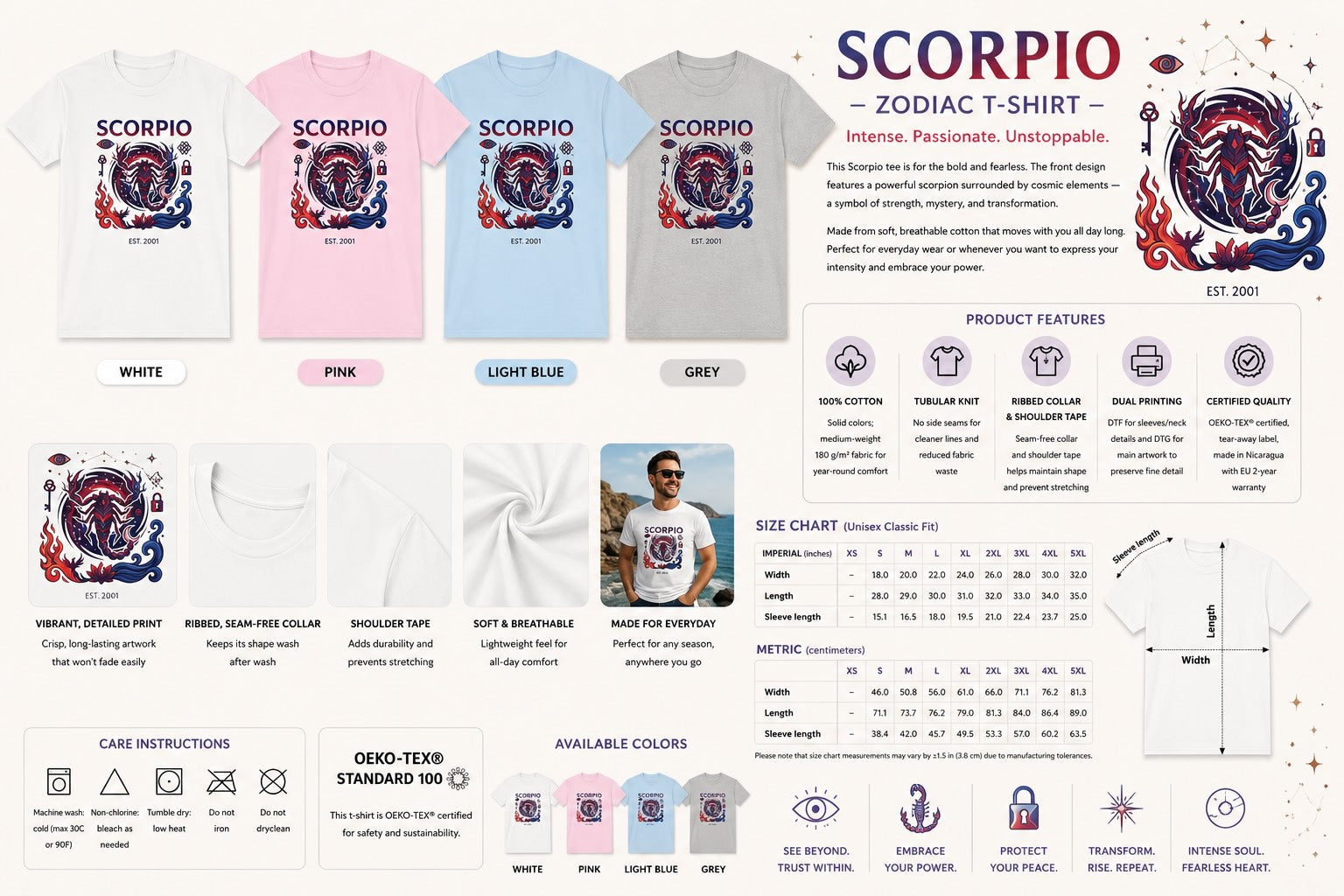 Close-up of personalized EST. year text on Scorpio zodiac tee