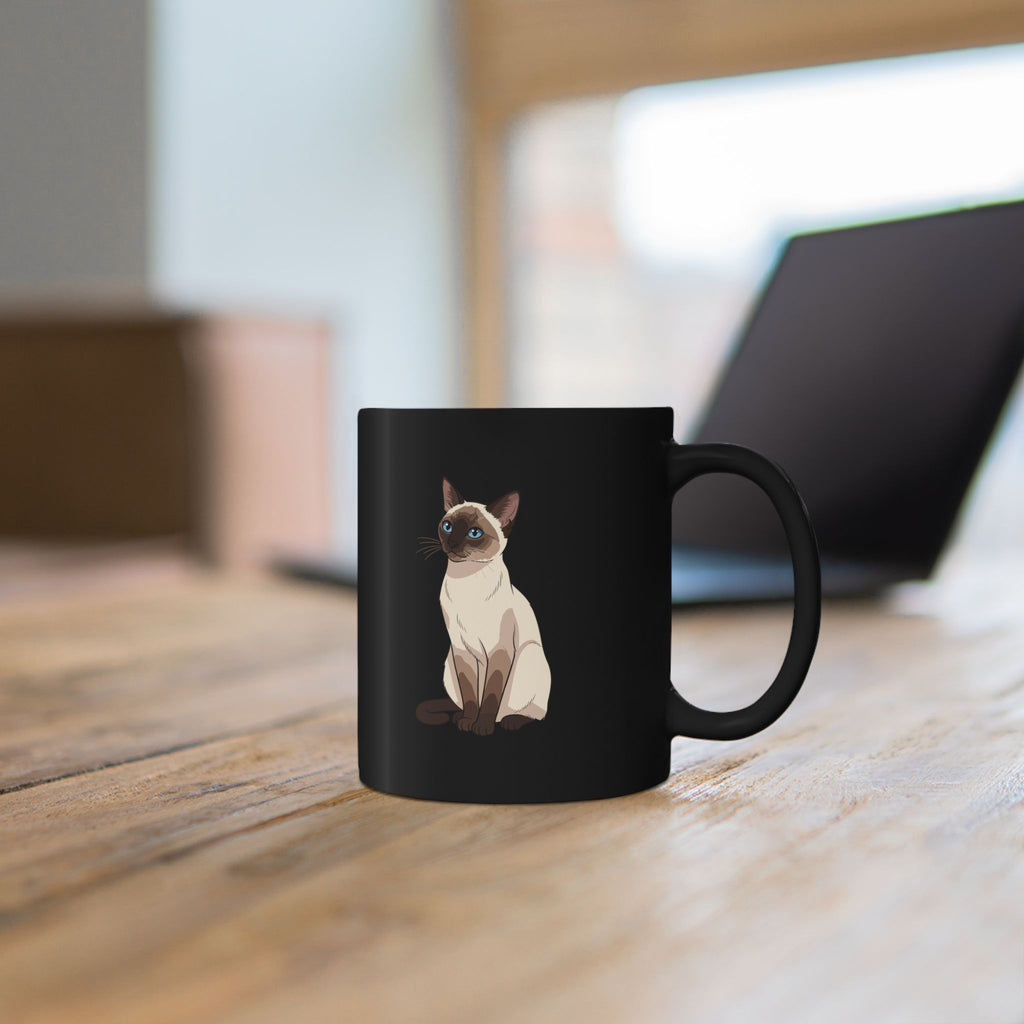 Close-up of Siamese cat illustration on personalised black ceramic mug