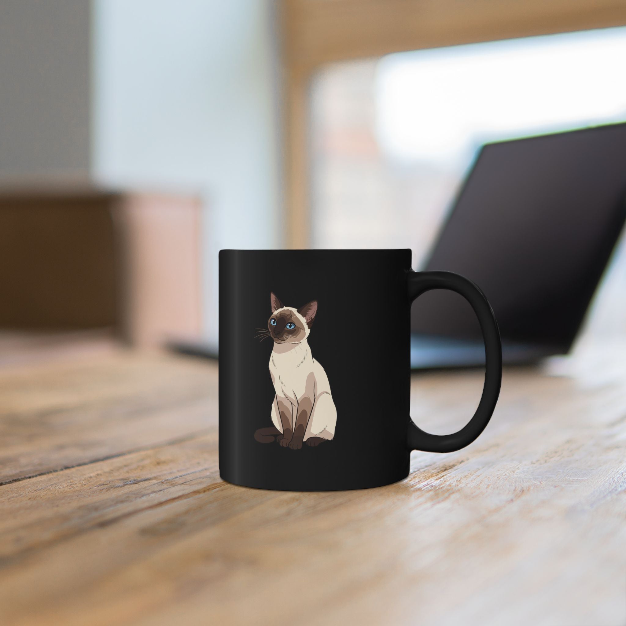 Close-up of Siamese cat illustration on personalised black ceramic mug