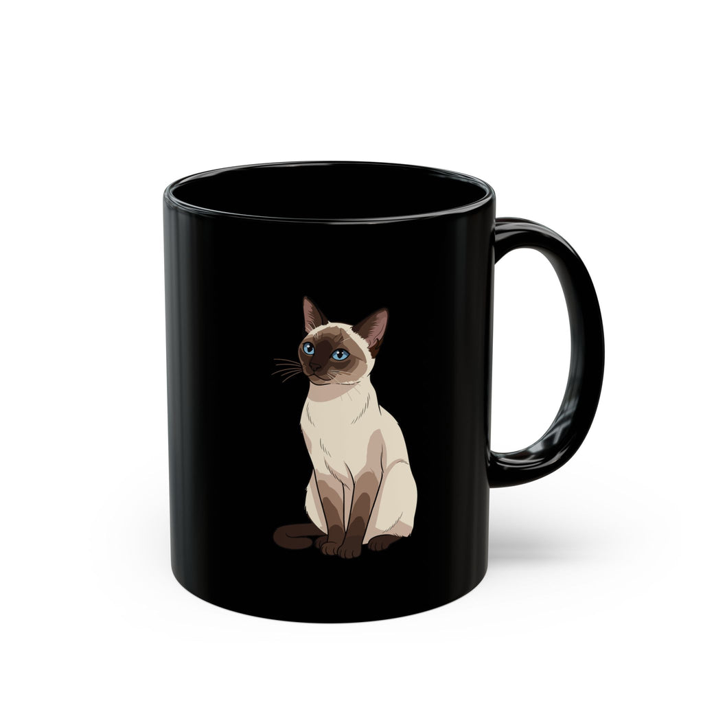 Personalised Siamese cat black ceramic mug with custom name - illustrated Siamese front view