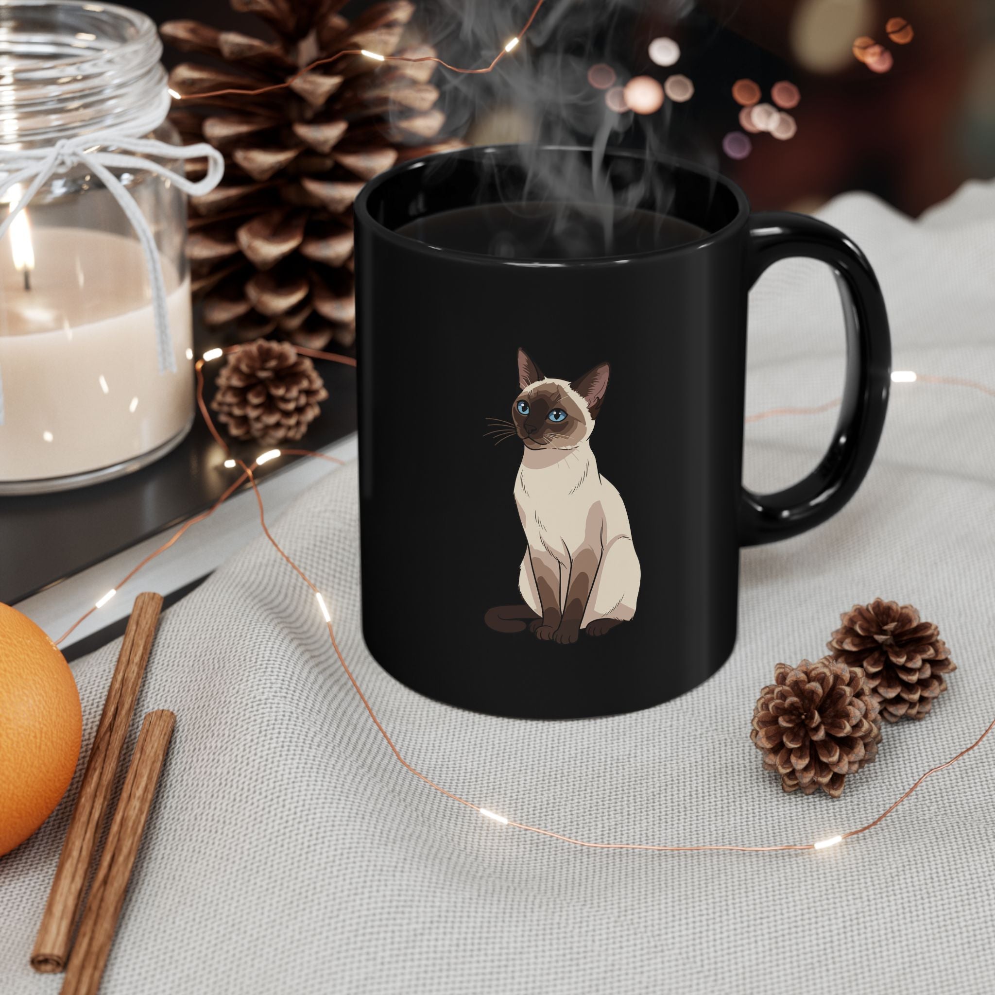 Siamese cat custom name black mug in cosy setting - lifestyle photo