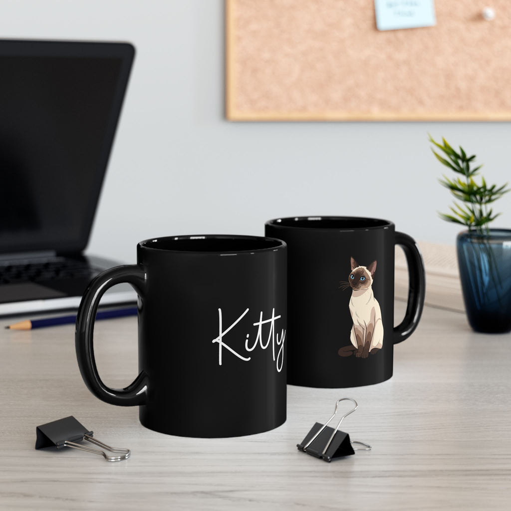 Personalised Siamese cat black mug on desk - lifestyle photo