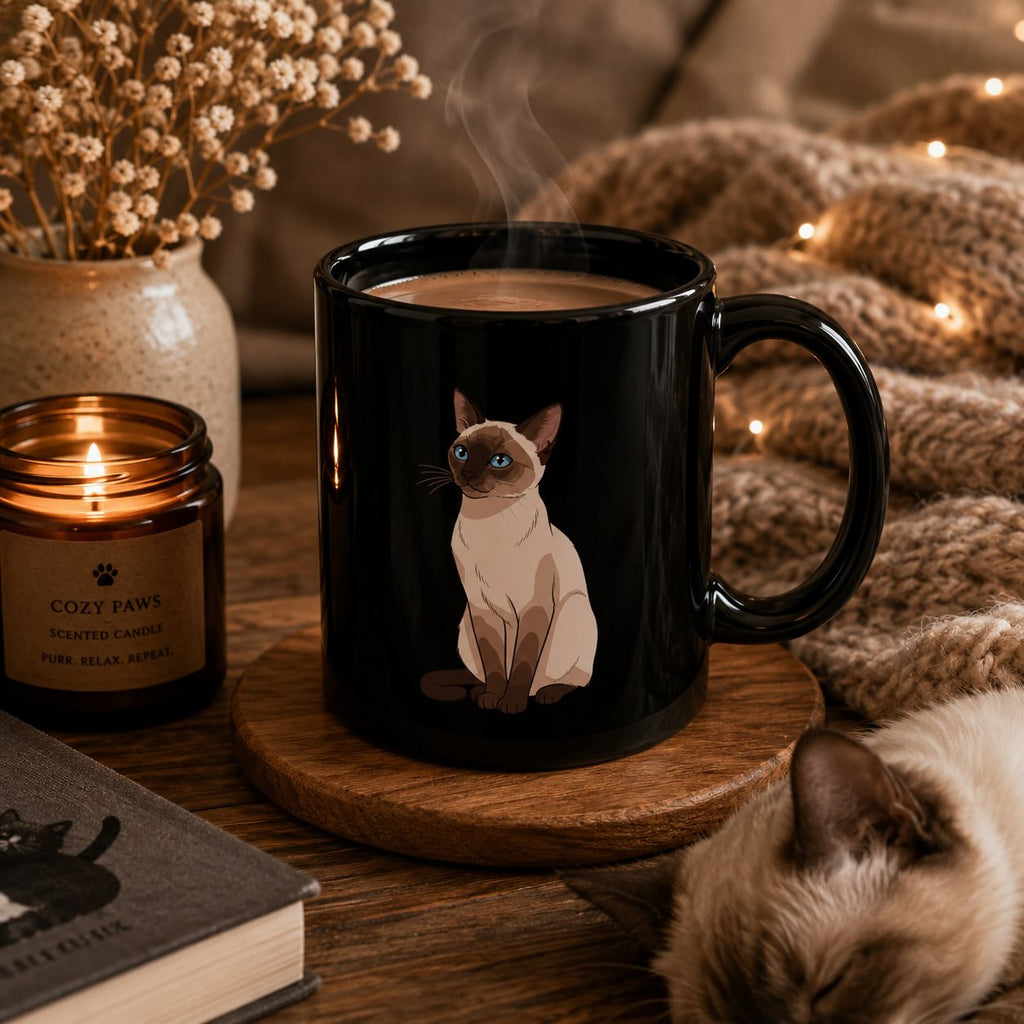 Siamese cat black mug styled with candle, dried flowers, book, and a Siamese cat resting nearby