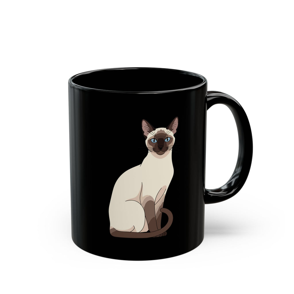 Personalised Siamese cat portrait black mug with custom name - sitting Siamese illustration front view