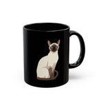 Personalised Siamese cat portrait black mug with custom name - sitting Siamese illustration front view