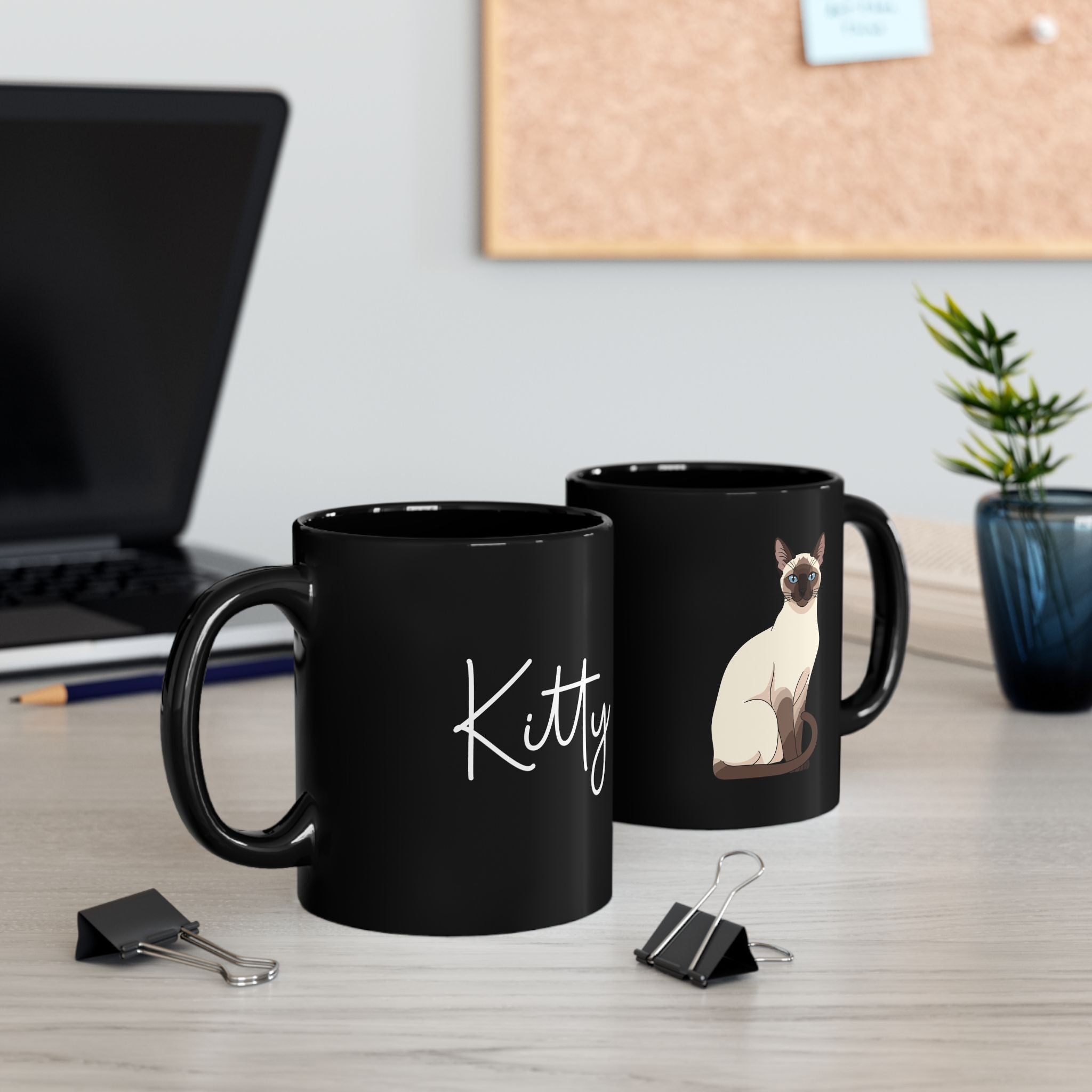 Personalised Siamese cat portrait black mug on desk - lifestyle photo