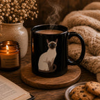 Siamese cat portrait black mug styled with candle, dried flowers, cookies, and cozy knit blanket