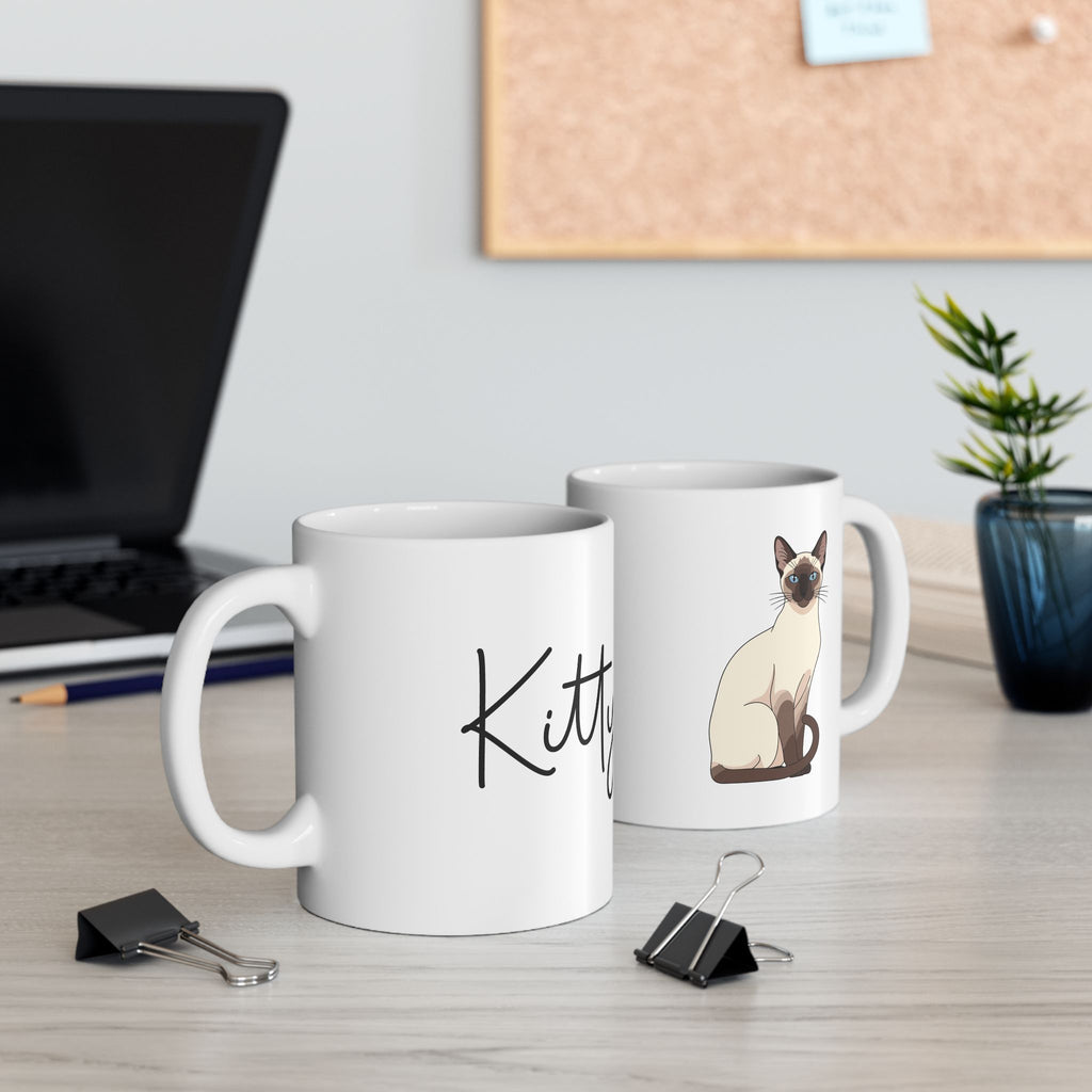 Personalised Siamese cat portrait mug on desk - lifestyle photo