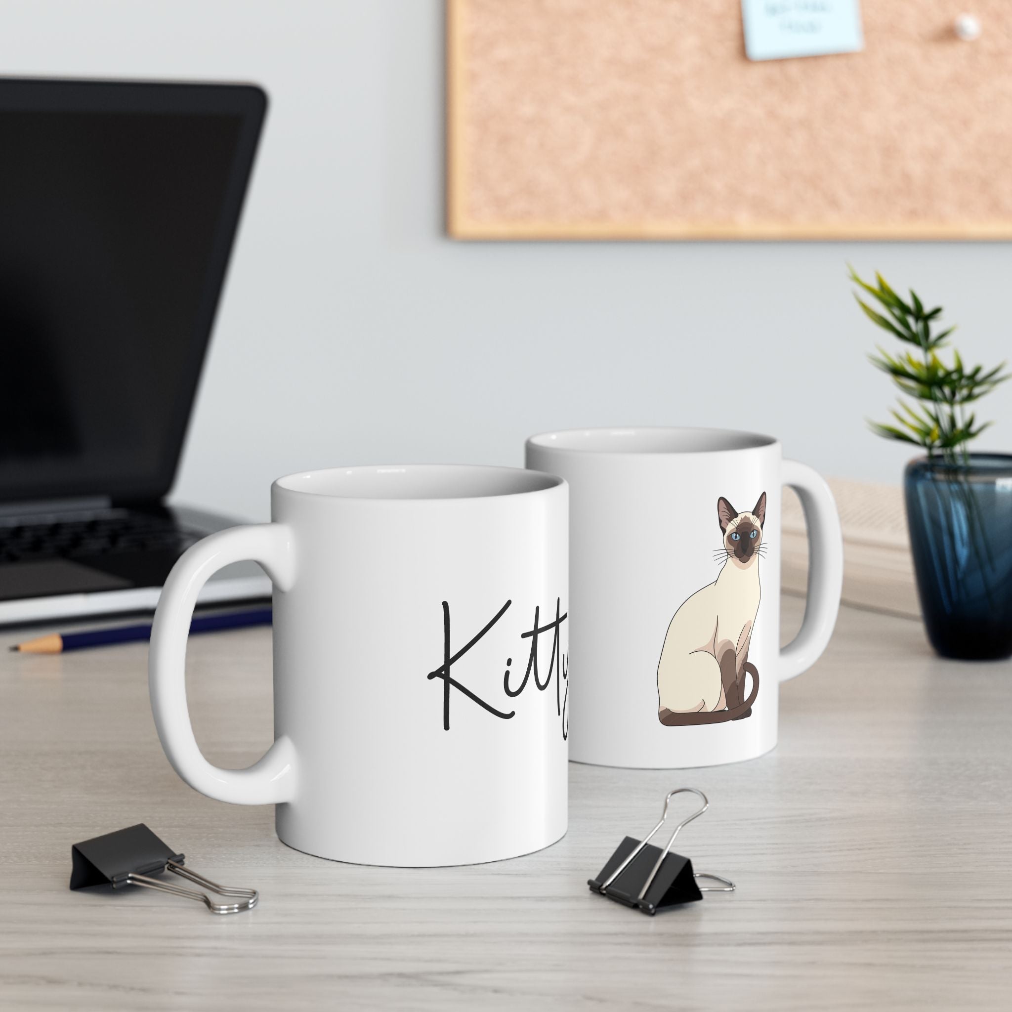 Personalised Siamese cat portrait mug on desk - lifestyle photo