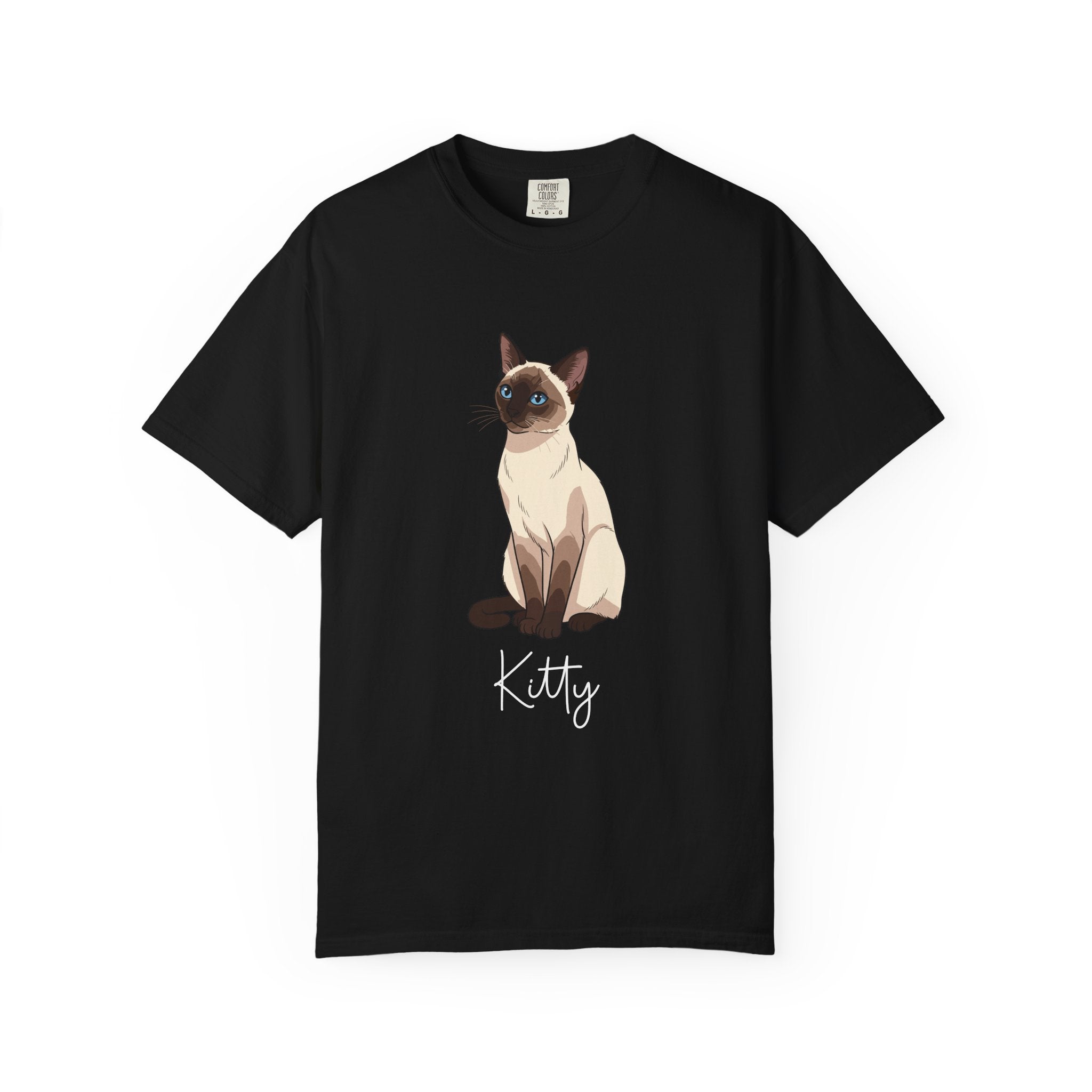 Personalised Siamese cat T-shirt with custom name - painterly illustration front view