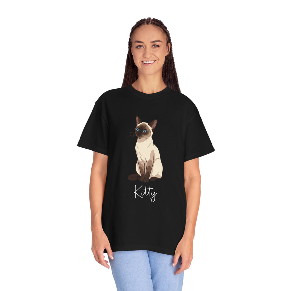 Personalised Siamese cat tee on model - lifestyle photo